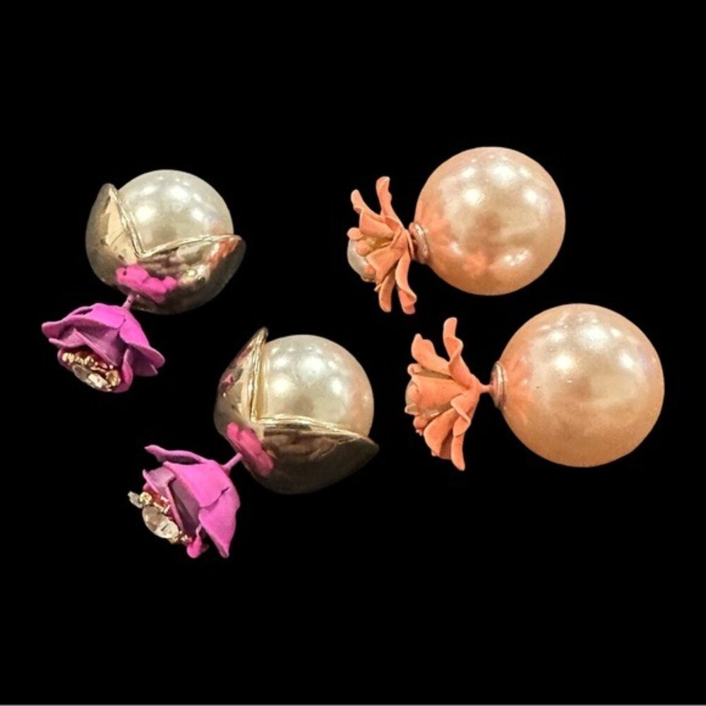 Set Of 2 Double-Sided Earrings With Faux Pearls Floral Accents & Rhinestones Pin